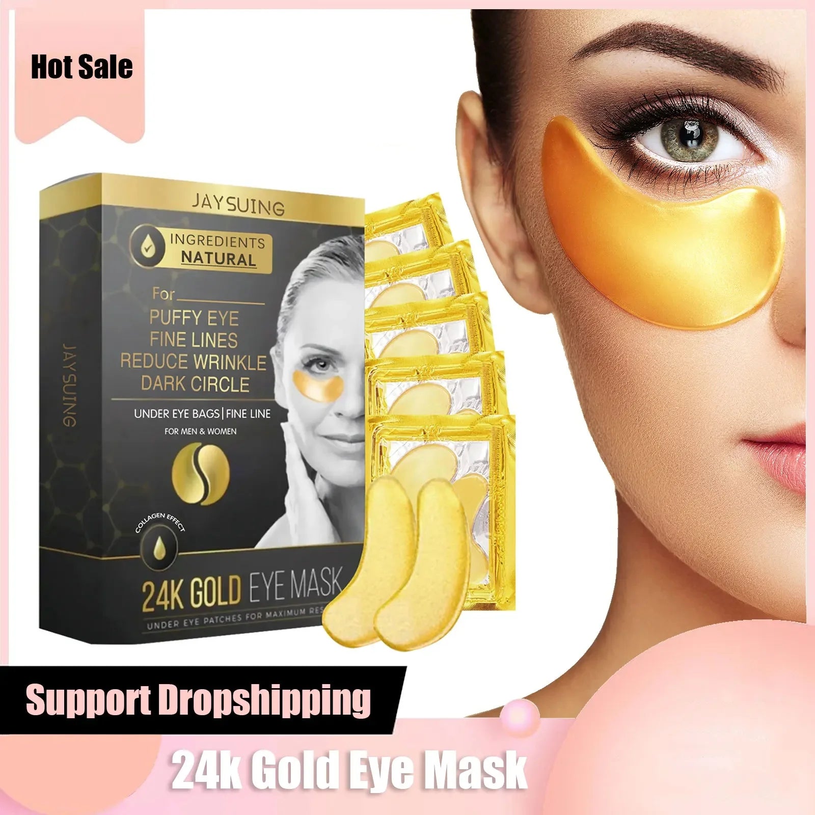24k Gold Collagen Eye Mask Anti Wrinkle Fade Fine Line Remove Eye Bag Puffiness Dark Circles Fat Granules Moisturizing Skin Care